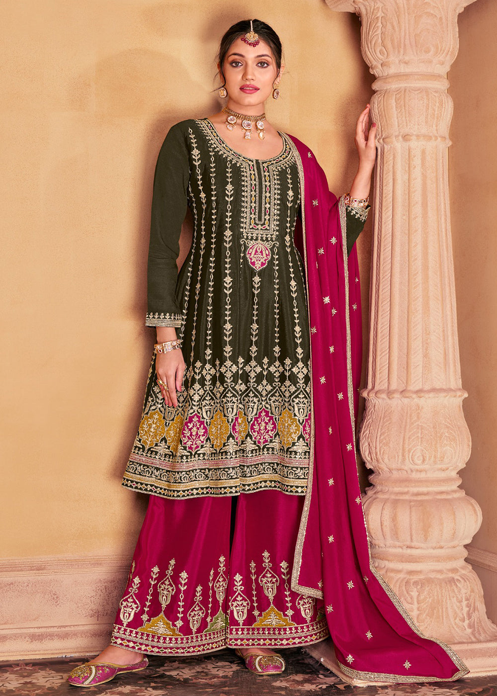 Buy Now Amazing Green Heavy Chinnon Embroidered Palazzo Style Suit Online in USA, UK, Canada, Germany, Australia & Worldwide at Empress Clothing.
