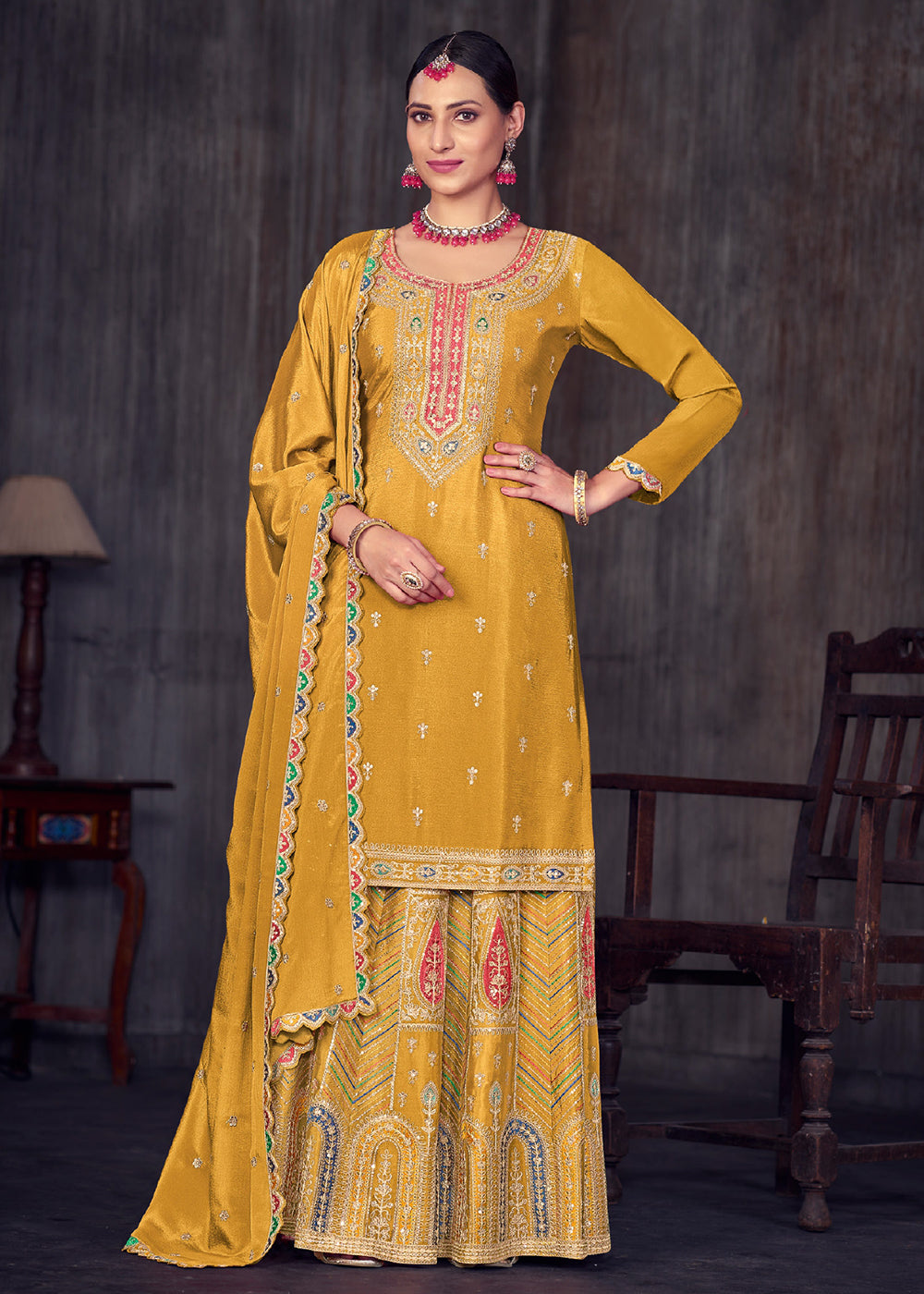 Buy Now Mustard Heavy Chinnon Embroidered Lehenga Kurti Suit Online in USA, UK, Canada, Germany, Australia & Worldwide at Empress Clothing.