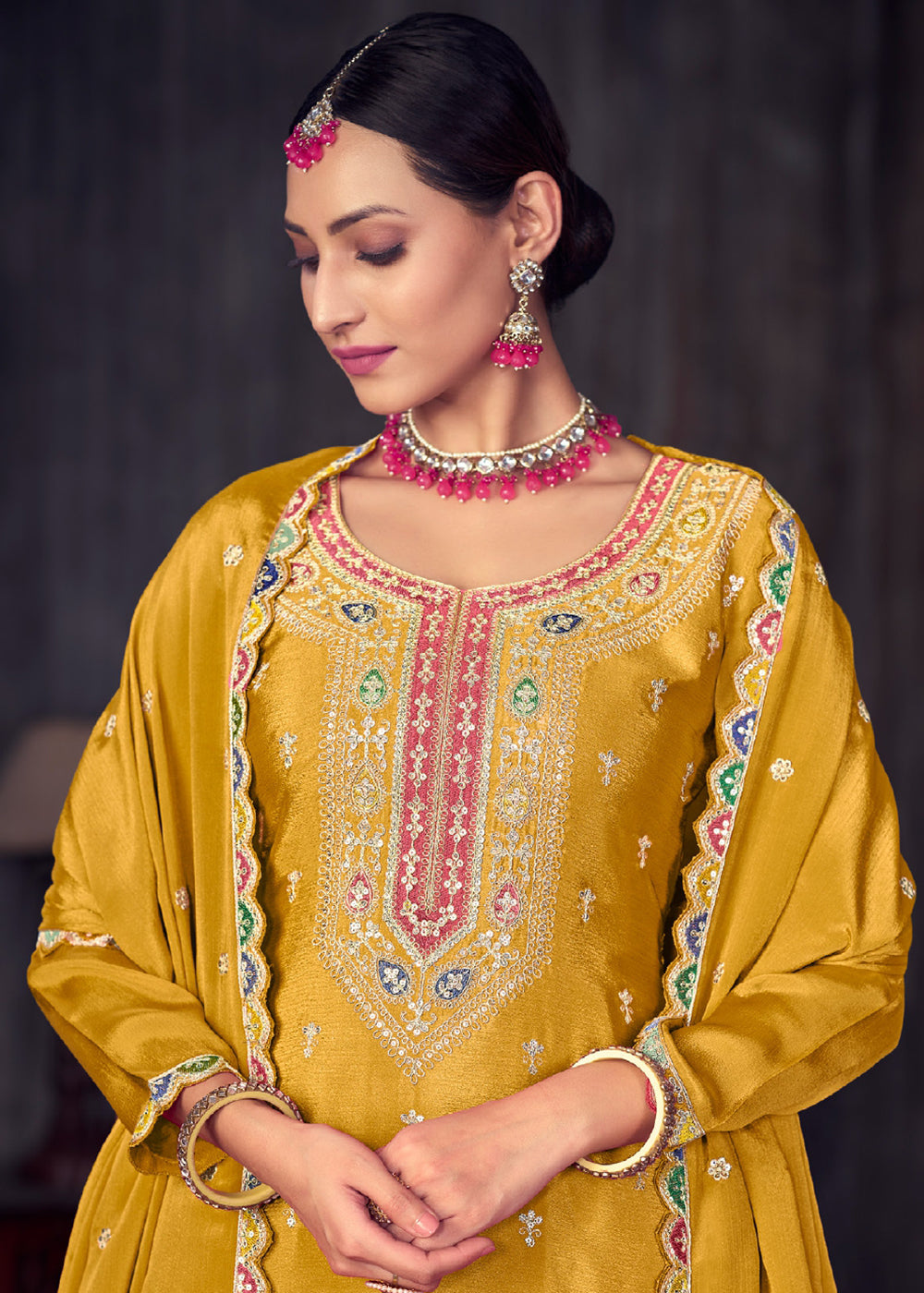 Buy Now Mustard Heavy Chinnon Embroidered Lehenga Kurti Suit Online in USA, UK, Canada, Germany, Australia & Worldwide at Empress Clothing.