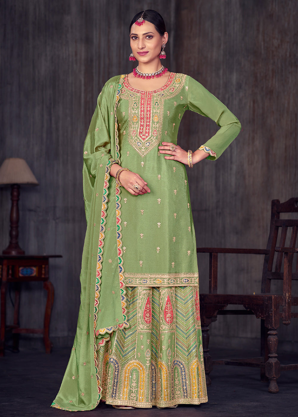 Buy Now Sage Green Heavy Chinnon Embroidered Lehenga Kurti Suit Online in USA, UK, Canada, Germany, Australia & Worldwide at Empress Clothing.