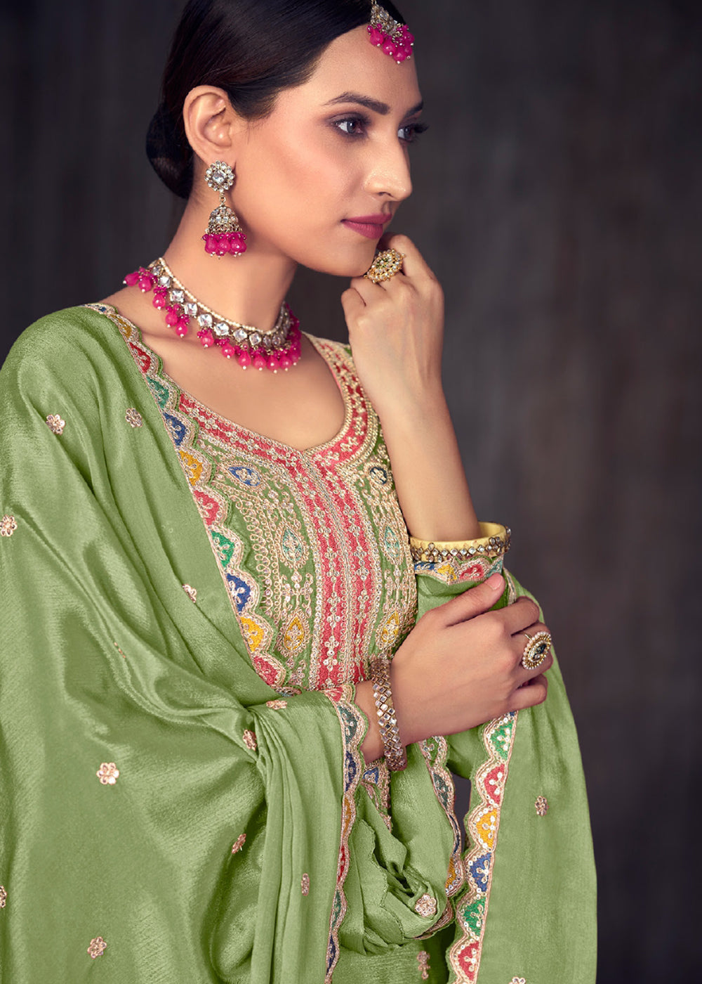 Buy Now Sage Green Heavy Chinnon Embroidered Lehenga Kurti Suit Online in USA, UK, Canada, Germany, Australia & Worldwide at Empress Clothing.