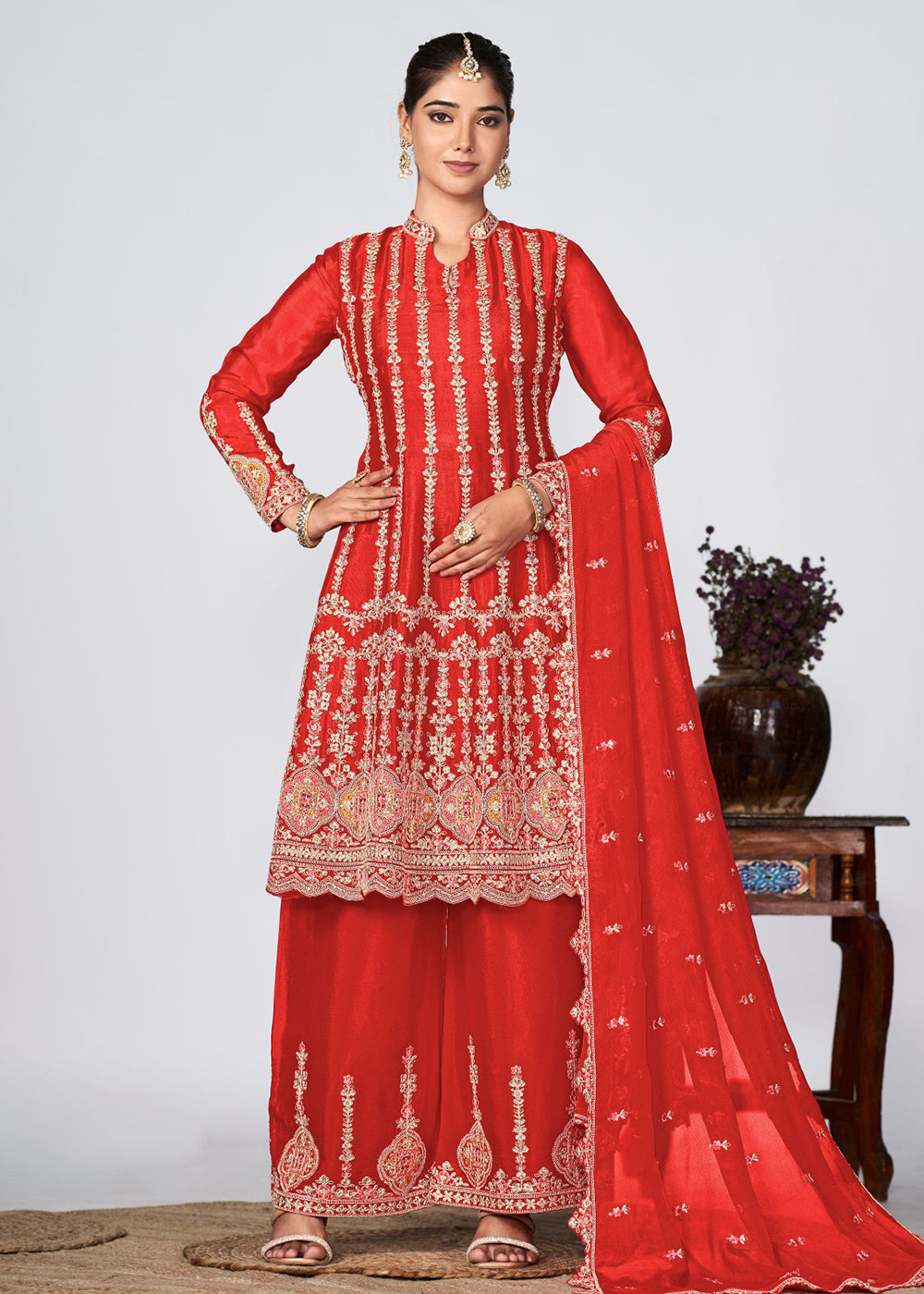 Buy Now Hot Red Heavy Chinnon Embroidered Festive Palazzo Suit Online in USA, UK, Canada, Germany, Australia & Worldwide at Empress Clothing. I