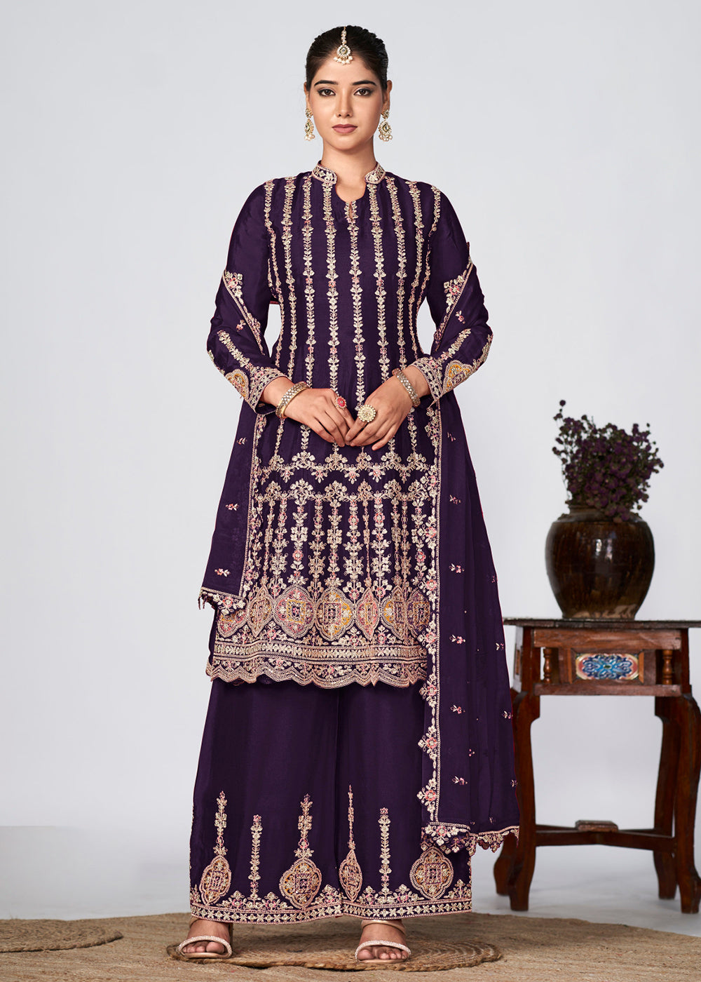 Buy Now Purple Heavy Chinnon Embroidered Festive Palazzo Suit Online in USA, UK, Canada, Germany, Australia & Worldwide at Empress Clothing. 