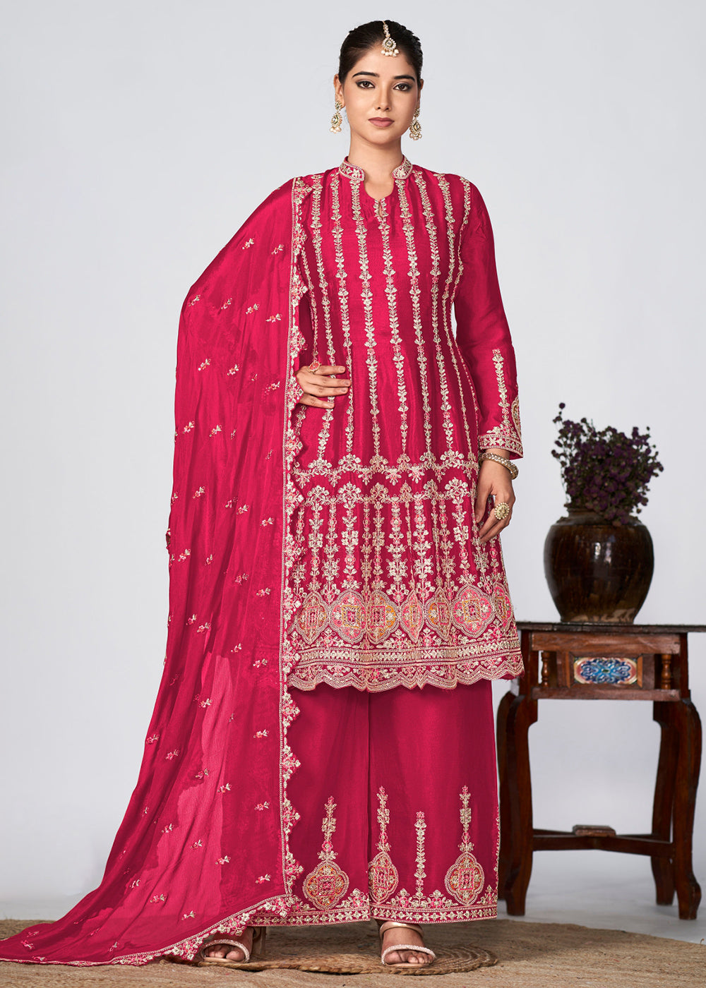 Buy Now Pink Heavy Chinnon Embroidered Festive Palazzo Suit Online in USA, UK, Canada, Germany, Australia & Worldwide at Empress Clothing.