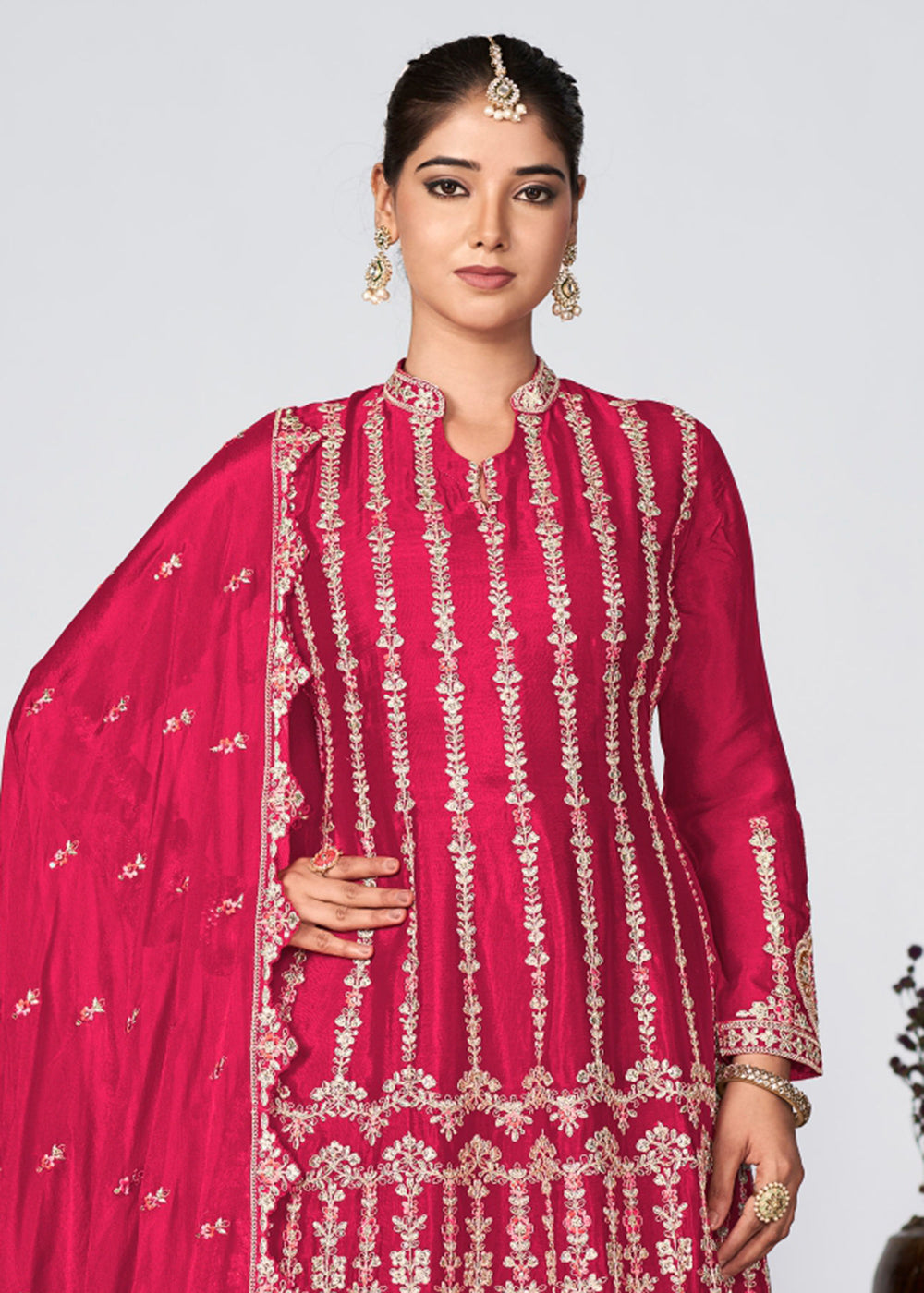 Buy Now Pink Heavy Chinnon Embroidered Festive Palazzo Suit Online in USA, UK, Canada, Germany, Australia & Worldwide at Empress Clothing.