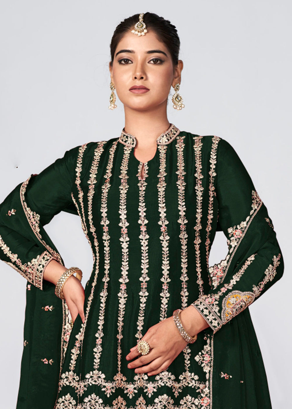 Buy Now Green Heavy Chinnon Embroidered Festive Palazzo Suit Online in USA, UK, Canada, Germany, Australia & Worldwide at Empress Clothing.