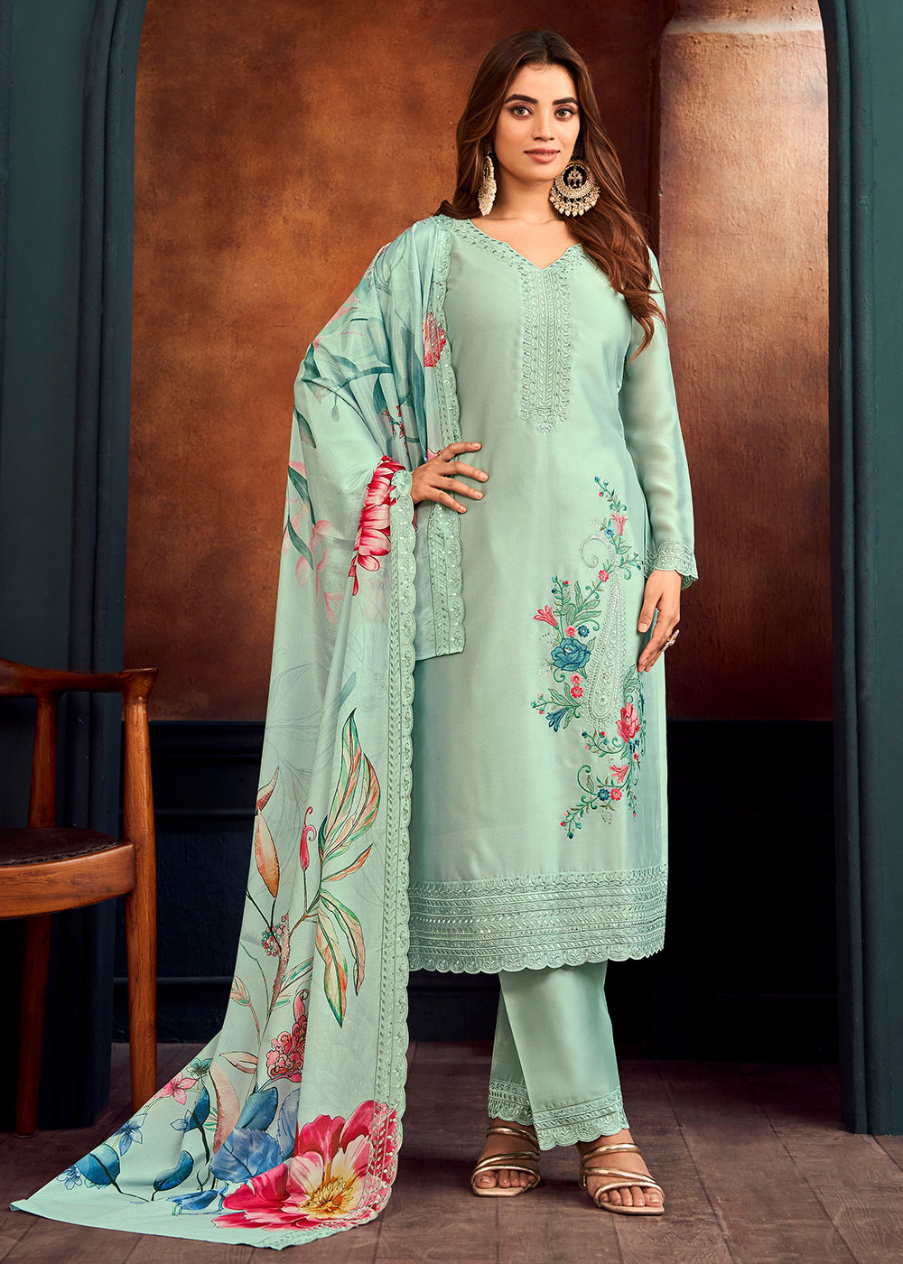 Buy Now Beautiful Aqua Blue Georgette Festive Salwar Kurta Suit Online in USA, UK, Canada, Germany, Australia & Worldwide at Empress Clothing. 