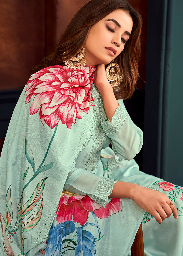 Buy Now Beautiful Aqua Blue Georgette Festive Salwar Kurta Suit Online in USA, UK, Canada, Germany, Australia & Worldwide at Empress Clothing. 