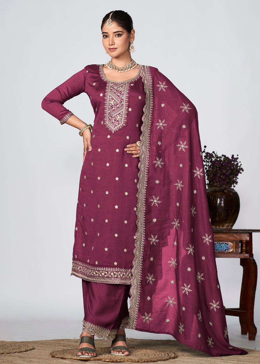 Buy Now Wine Vichitra Silk Embroidered Wedding Festive Palazzo Suit Online in USA, UK, Canada, Germany, Australia & Worldwide at Empress Clothing.
