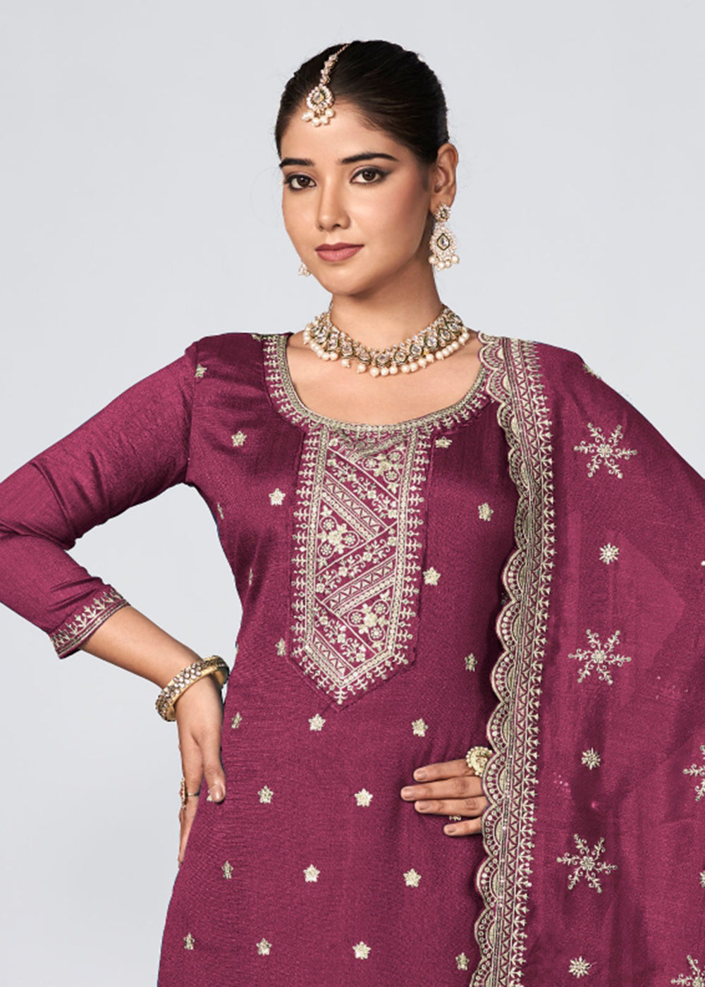 Buy Now Wine Vichitra Silk Embroidered Wedding Festive Palazzo Suit Online in USA, UK, Canada, Germany, Australia & Worldwide at Empress Clothing.