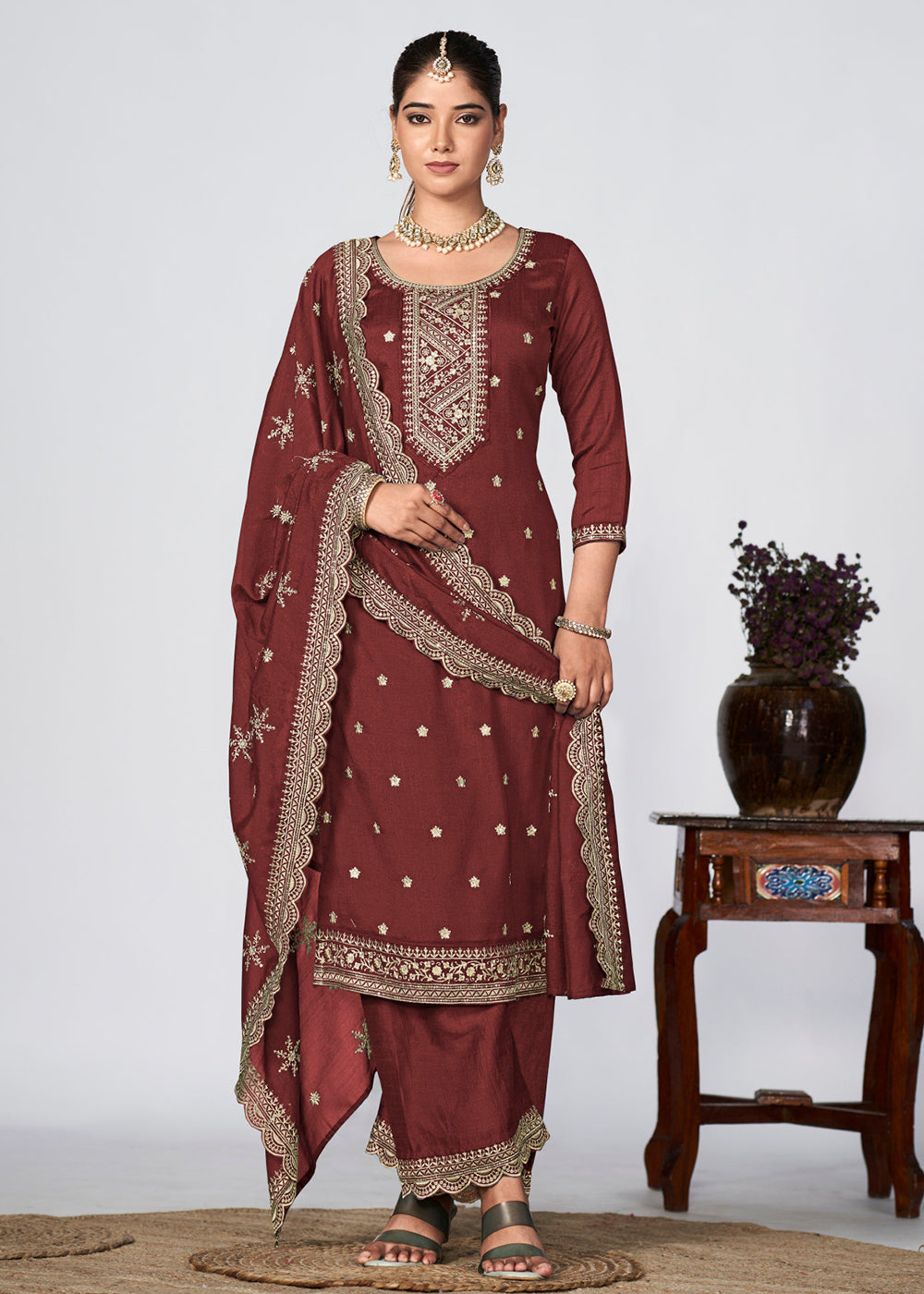 Buy Now Brown Vichitra Silk Embroidered Wedding Festive Palazzo Suit Online in USA, UK, Canada, Germany, Australia & Worldwide at Empress Clothing. 