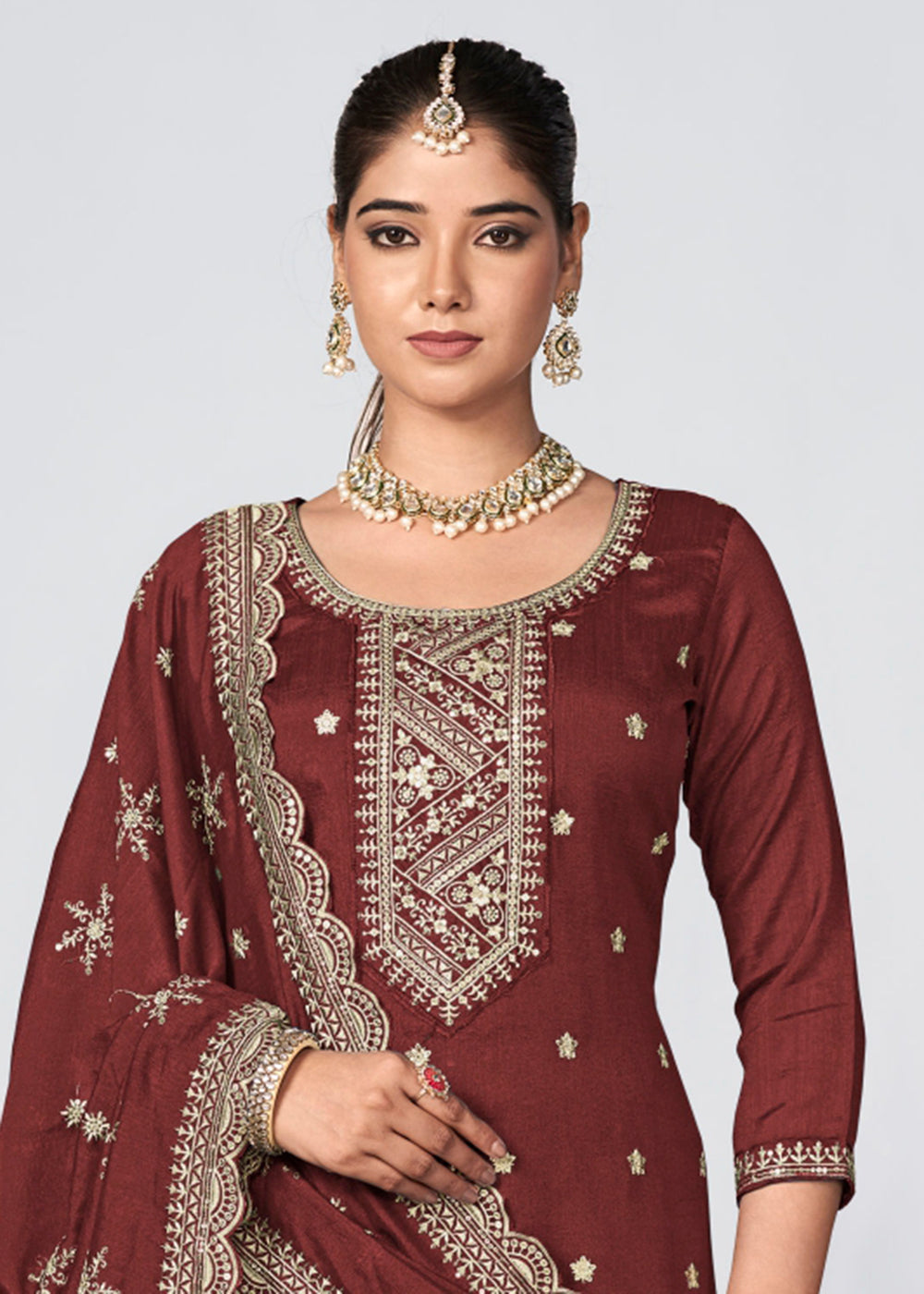 Buy Now Brown Vichitra Silk Embroidered Wedding Festive Palazzo Suit Online in USA, UK, Canada, Germany, Australia & Worldwide at Empress Clothing. 