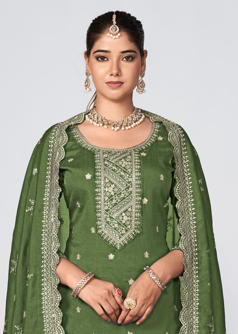 Buy Now Green Vichitra Silk Embroidered Wedding Festive Palazzo Suit Online in USA, UK, Canada, Germany, Australia & Worldwide at Empress Clothing.