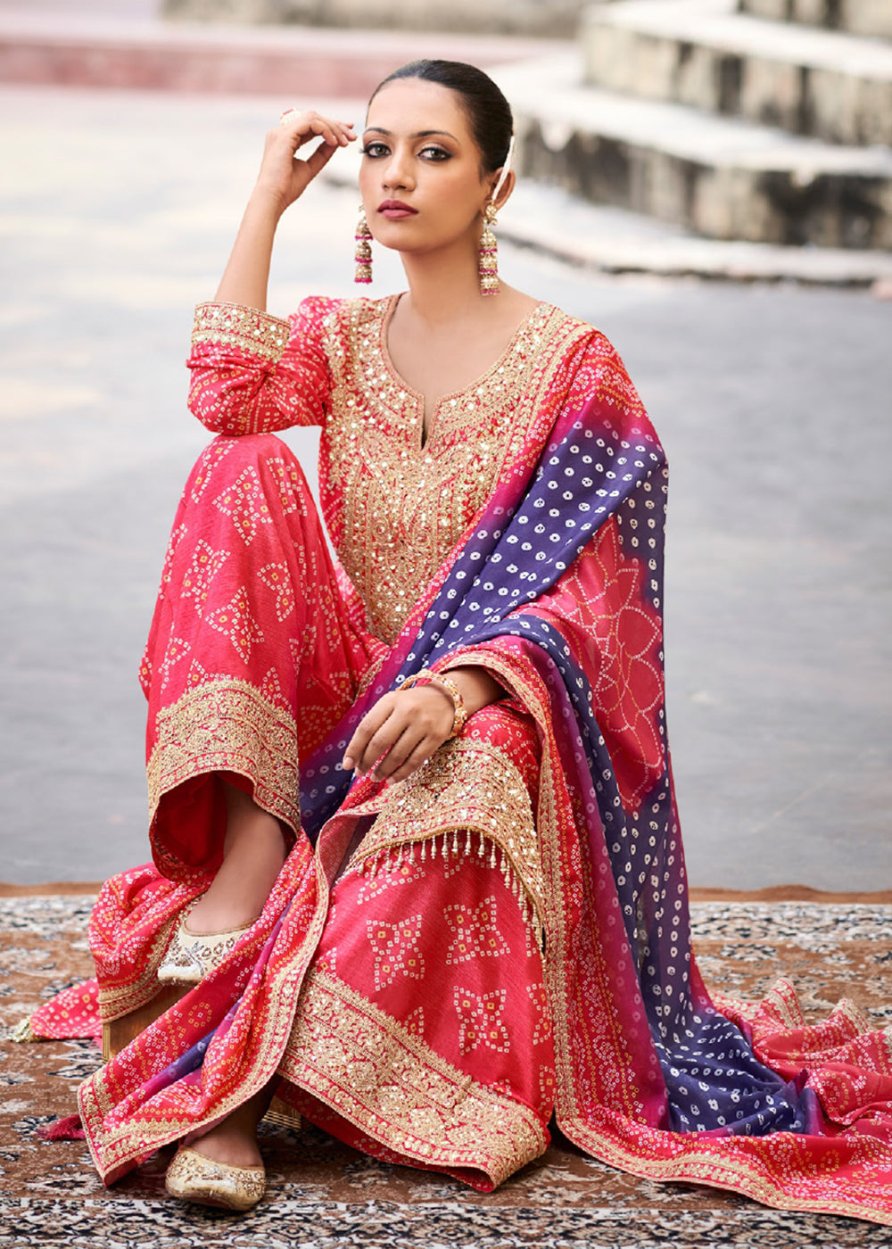 Buy Now Pink Chinnon Mirror Embroidered Palazzo Style Suit Online in USA, UK, Canada, Germany & Worldwide at Empress Clothing