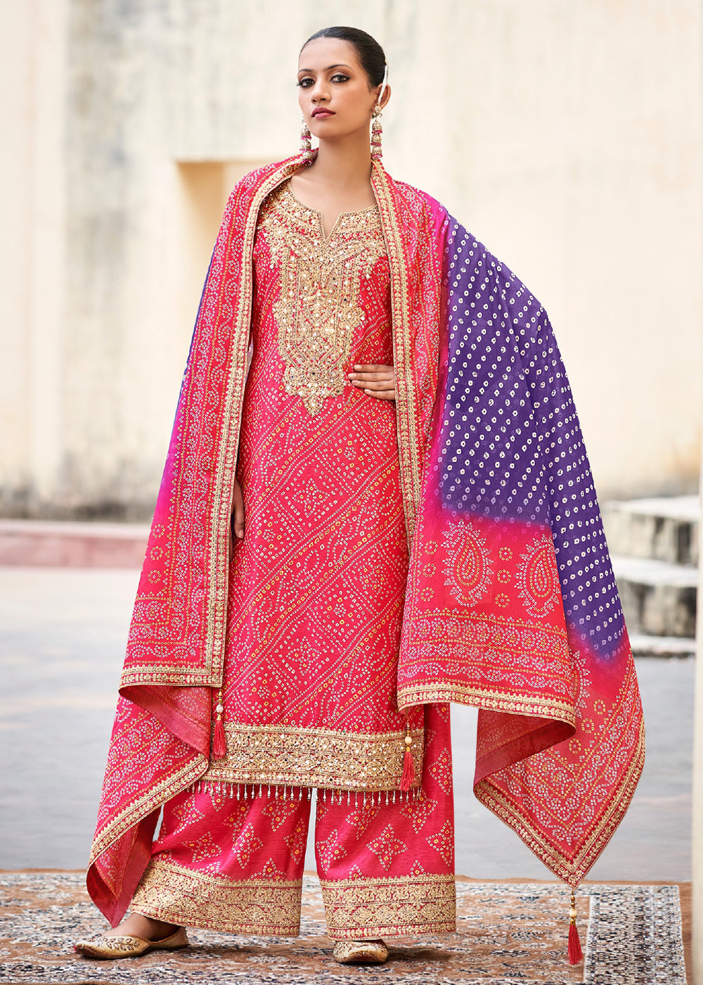 Buy Now Pink Chinnon Mirror Embroidered Palazzo Style Suit Online in USA, UK, Canada, Germany & Worldwide at Empress Clothing