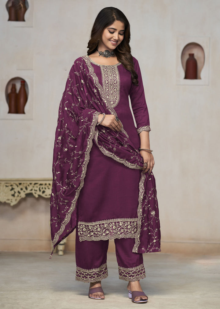 Buy Now Beautiful Burgundy Vichitra Silk Fancy Salwar Suit Online in USA, UK, Canada, Germany, Australia & Worldwide at Empress Clothing.