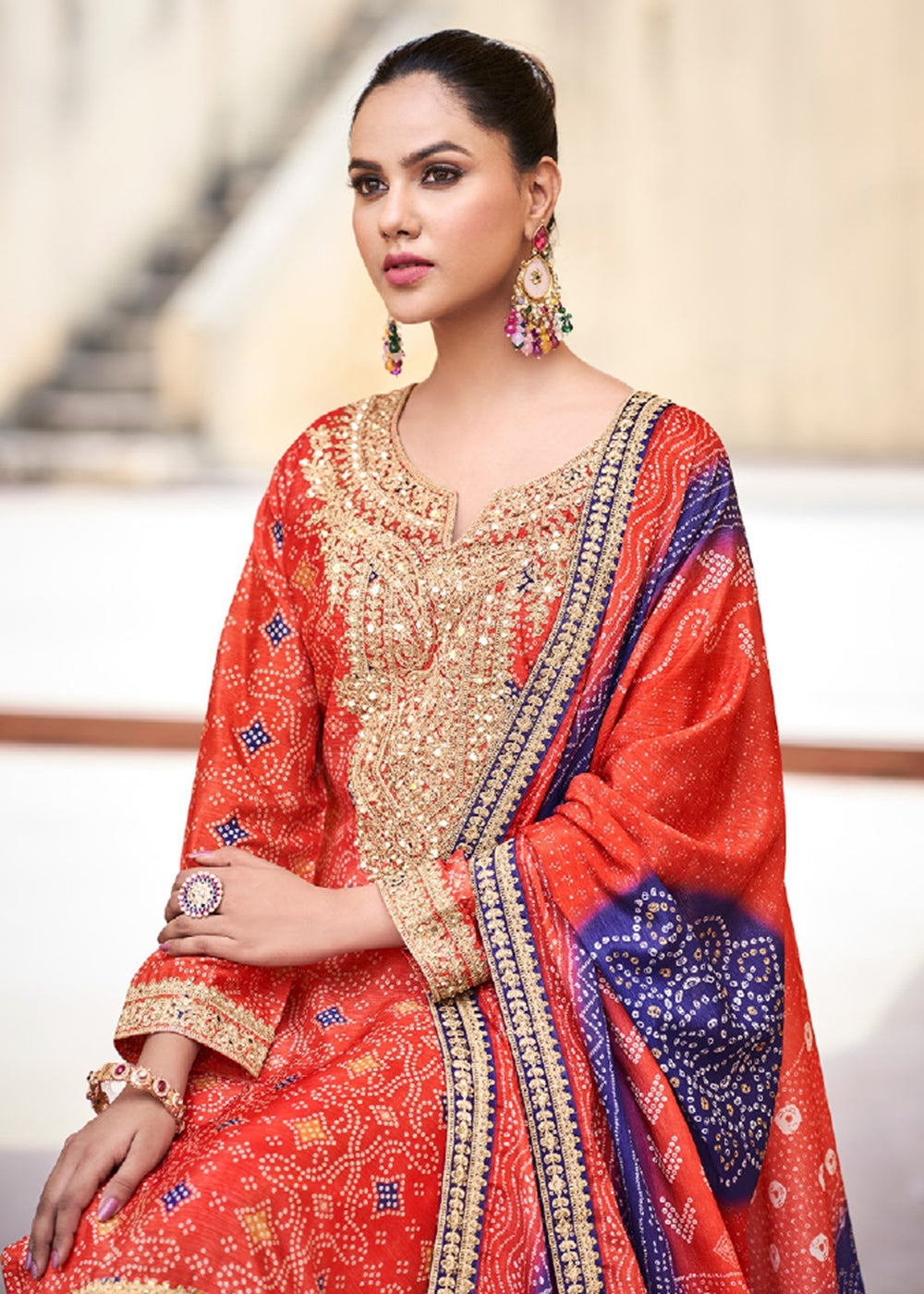 Buy Now Rust Chinnon Mirror Embroidered Palazzo Style Suit Online in USA, UK, Canada, Germany & Worldwide at Empress Clothing.