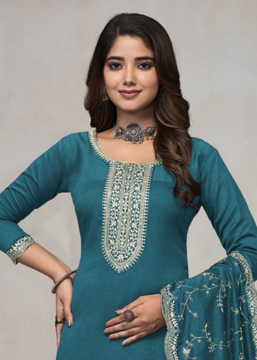 Buy Now Beautiful Turquoise Vichitra Silk Fancy Salwar Suit Online in USA, UK, Canada, Germany, Australia & Worldwide at Empress Clothing.