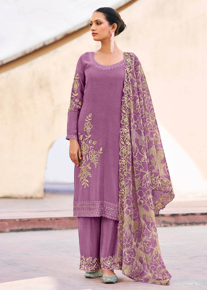 Buy Now Purple Premium Chinnon Embroidered Palazzo Style Suit Online in USA, UK, Canada, Germany, Italy, France, Austria, UAE & Worldwide at Empress Clothing.