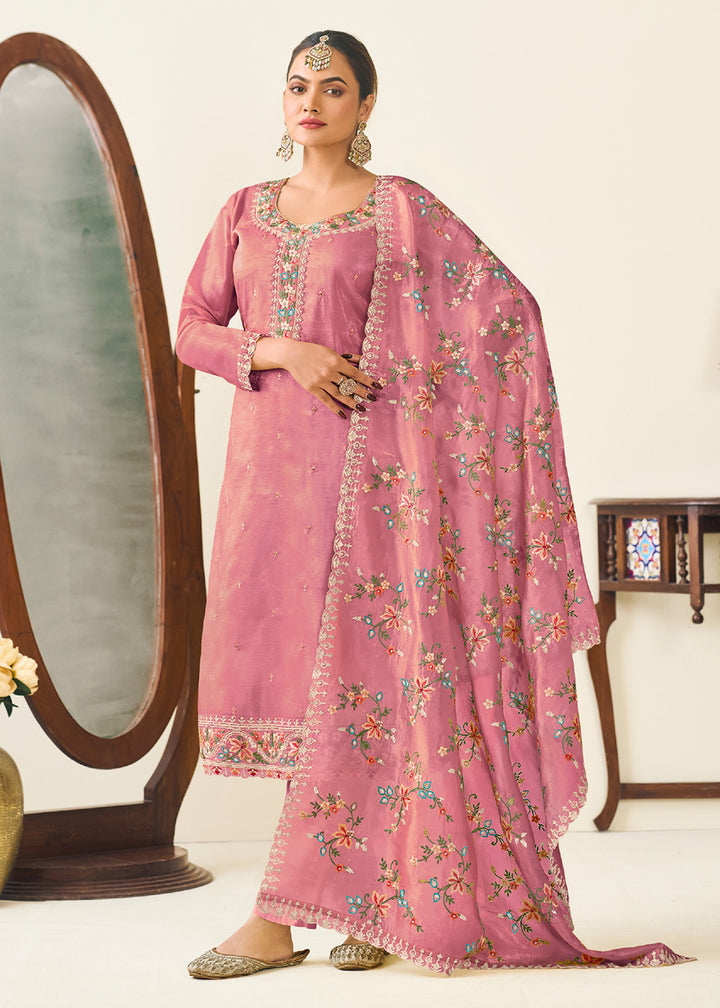 Buy Now Pink Gold Crushed Silk With Embroidered Pant Salwar Suit Online in USA, UK, Canada, Germany, Italy, France, Austria, UAE & Worldwide at Empress Clothing