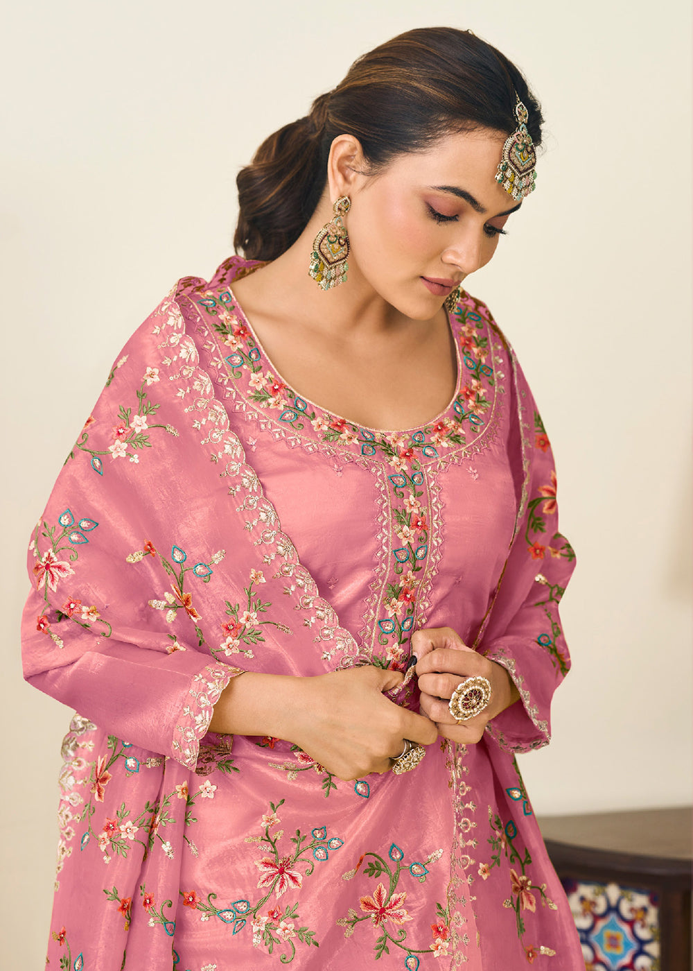 Buy Now Pink Gold Crushed Silk With Embroidered Pant Salwar Suit Online in USA, UK, Canada, Germany, Italy, France, Austria, UAE & Worldwide at Empress Clothing