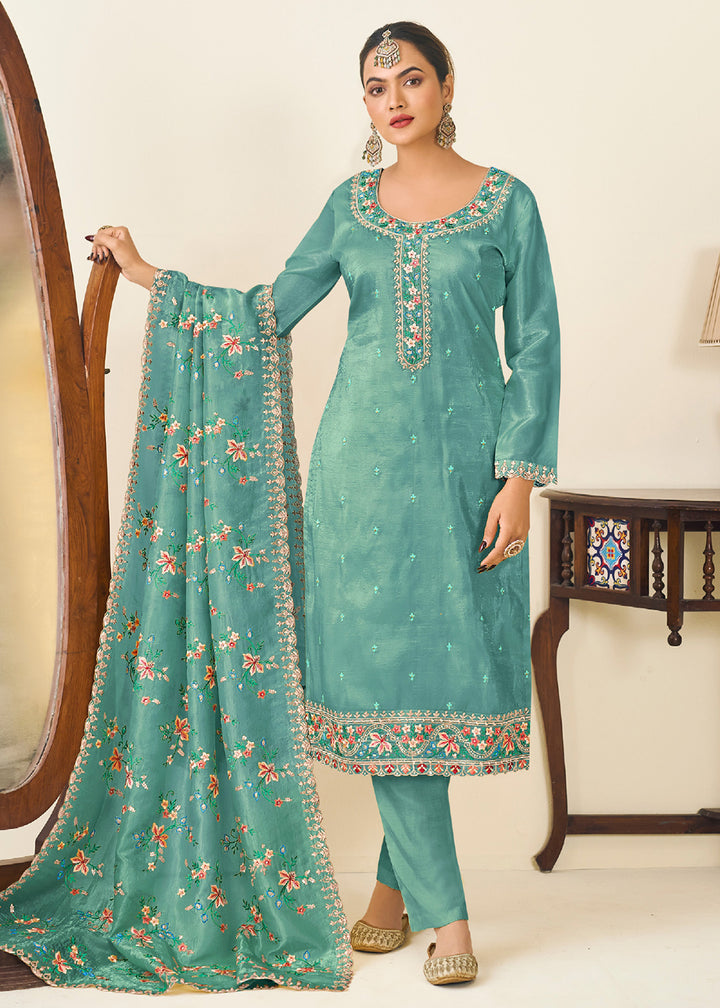 Buy Now Teal Gold Crushed Silk With Embroidered Pant Salwar Suit Online in USA, UK, Canada, Germany, Italy, France, Austria, UAE & Worldwide at Empress Clothing