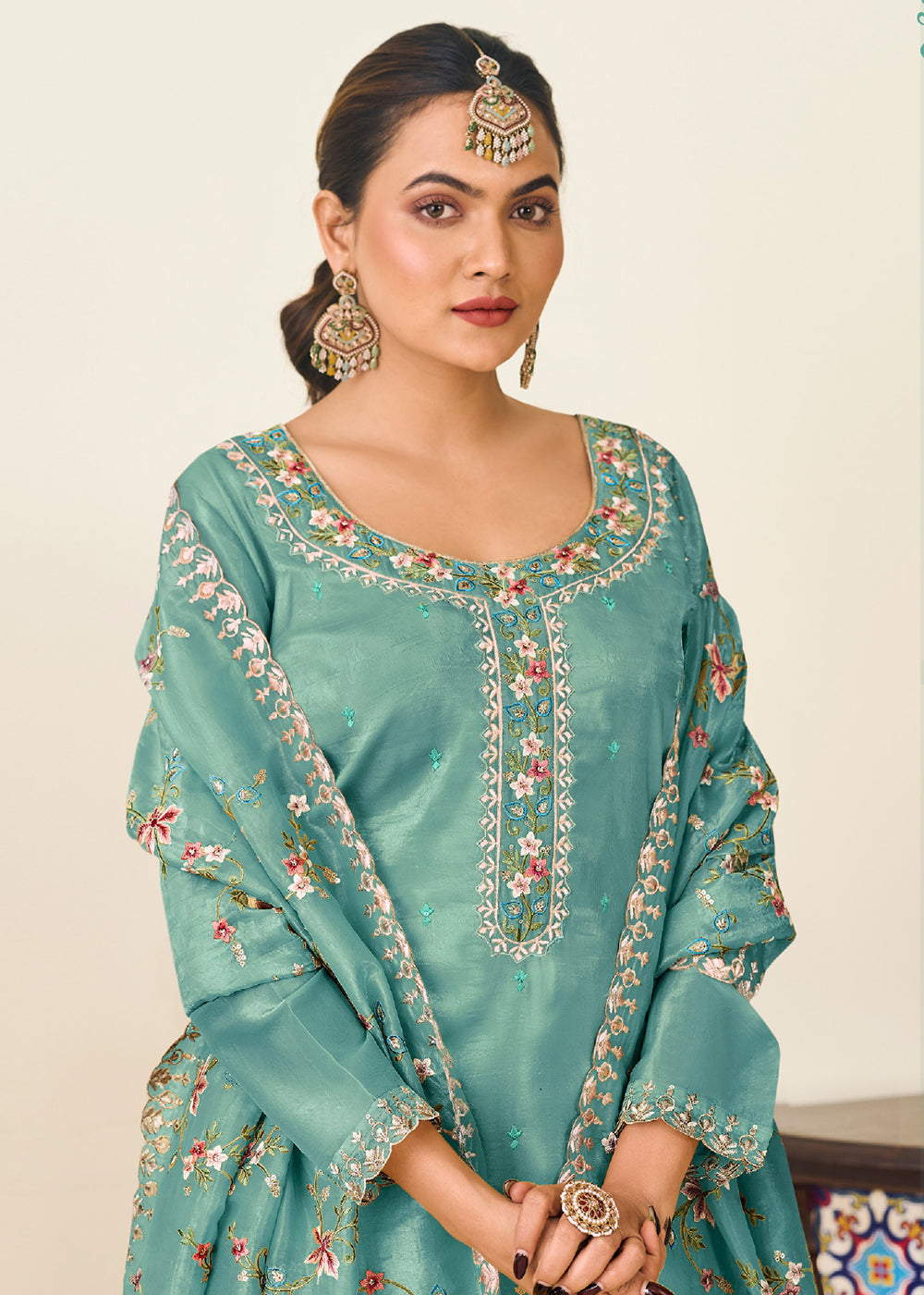 Buy Now Teal Gold Crushed Silk With Embroidered Pant Salwar Suit Online in USA, UK, Canada, Germany, Italy, France, Austria, UAE & Worldwide at Empress Clothing