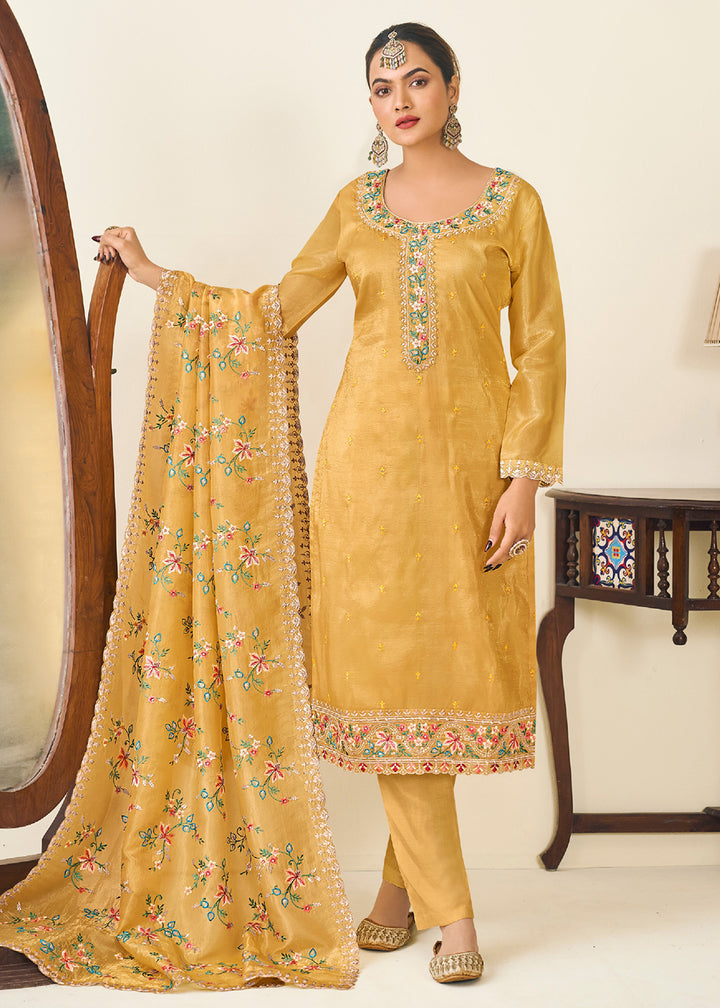 Buy Now Yellow Gold Crushed Silk With Embroidered Pant Salwar Suit Online in USA, UK, Canada, Germany, Italy, France, Austria & Worldwide at Empress Clothing.