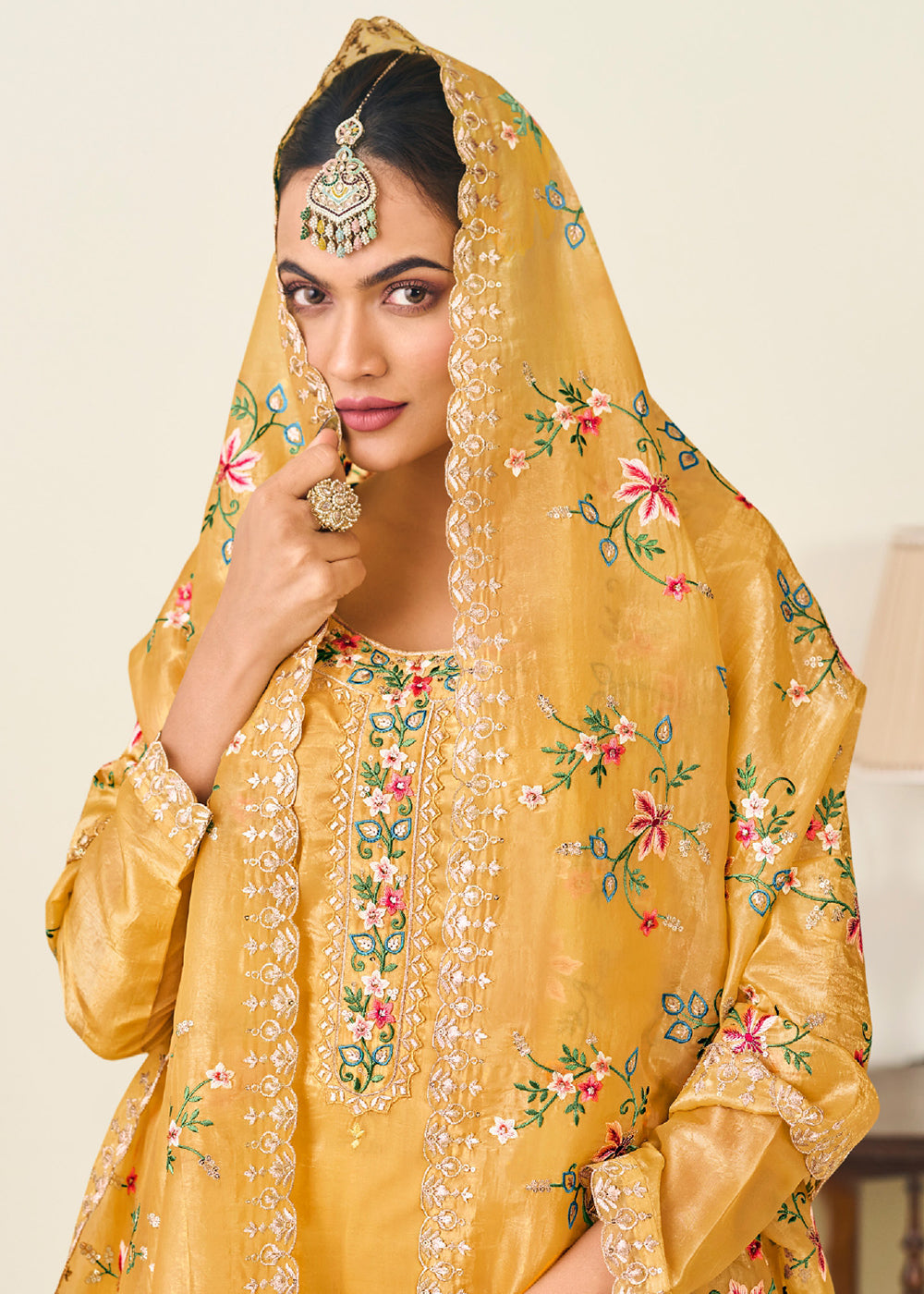Buy Now Yellow Gold Crushed Silk With Embroidered Pant Salwar Suit Online in USA, UK, Canada, Germany, Italy, France, Austria & Worldwide at Empress Clothing.