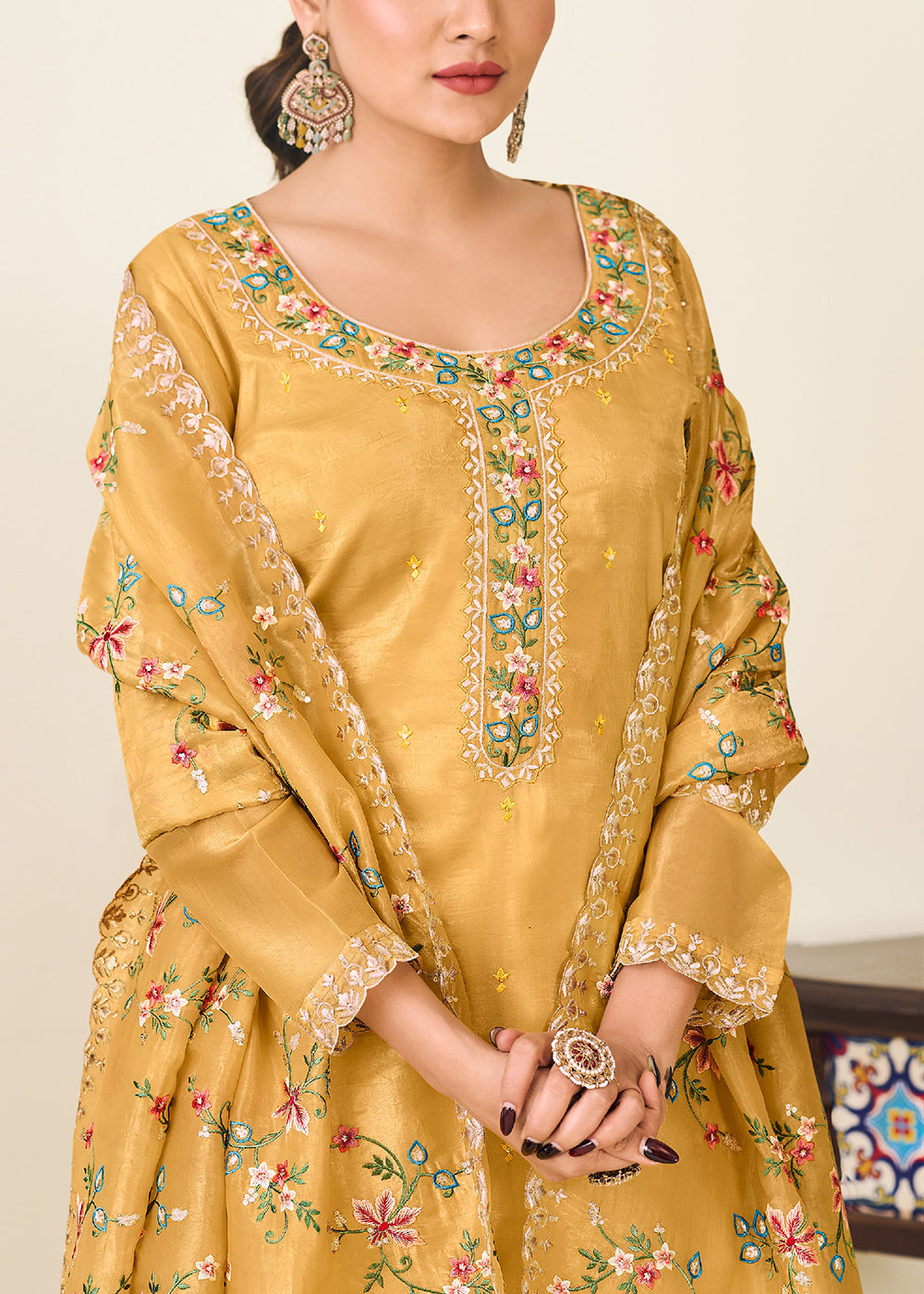 Buy Now Yellow Gold Crushed Silk With Embroidered Pant Salwar Suit Online in USA, UK, Canada, Germany, Italy, France, Austria & Worldwide at Empress Clothing.