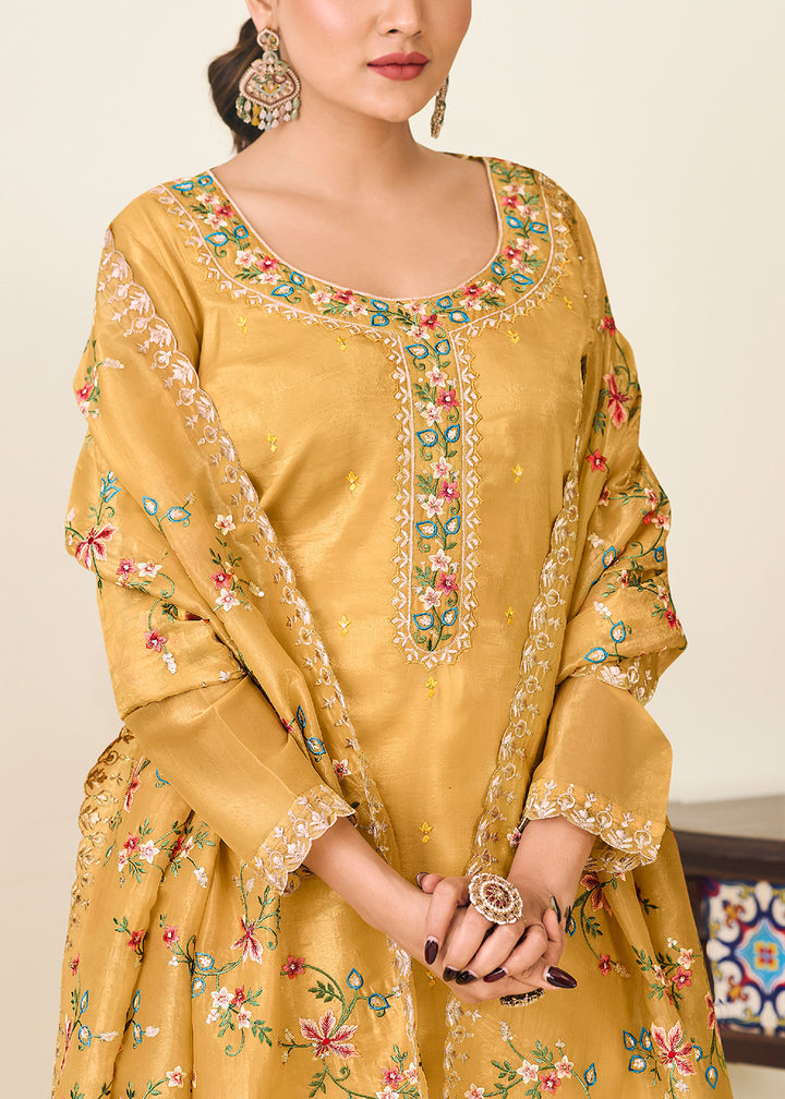 Buy Now Yellow Gold Crushed Silk With Embroidered Pant Salwar Suit Online in USA, UK, Canada, Germany, Italy, France, Austria & Worldwide at Empress Clothing.