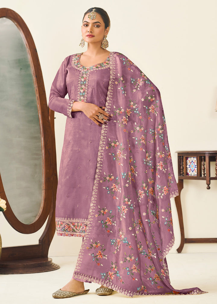 Buy Now Purple Gold Crushed Silk With Embroidered Pant Salwar Suit Online in USA, UK, Canada, Germany, Italy, France, Austria & Worldwide at Empress Clothing.