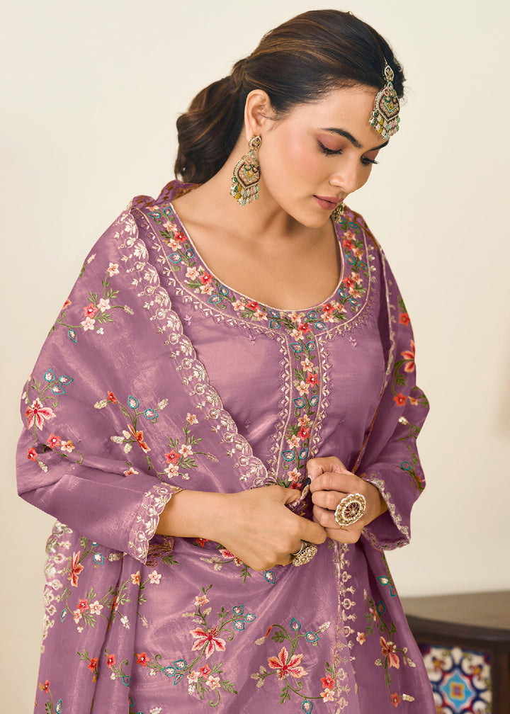 Buy Now Purple Gold Crushed Silk With Embroidered Pant Salwar Suit Online in USA, UK, Canada, Germany, Italy, France, Austria & Worldwide at Empress Clothing.