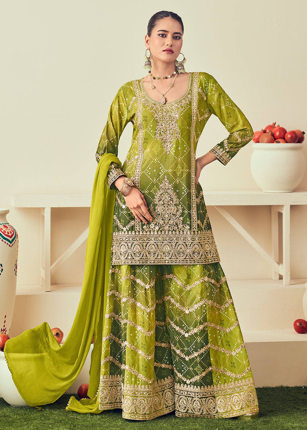 Buy Now Mehndi Green Heavy Embroidered Designer Palazzo Dress Online in USA, UK, Canada, Germany, Italy, UAE & Worldwide at Empress Clothing. 