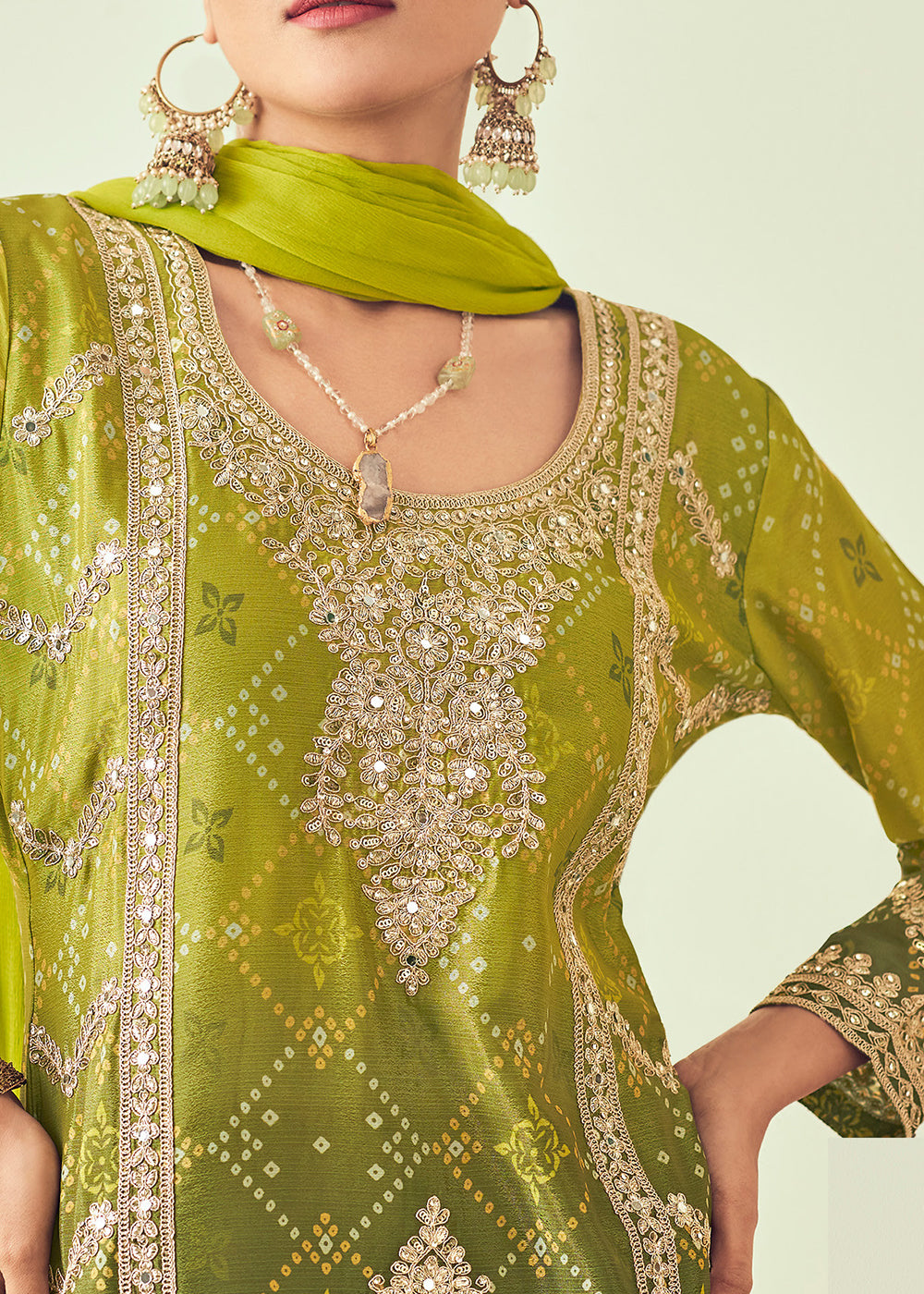 Buy Now Mehndi Green Heavy Embroidered Designer Palazzo Dress Online in USA, UK, Canada, Germany, Italy, UAE & Worldwide at Empress Clothing. 