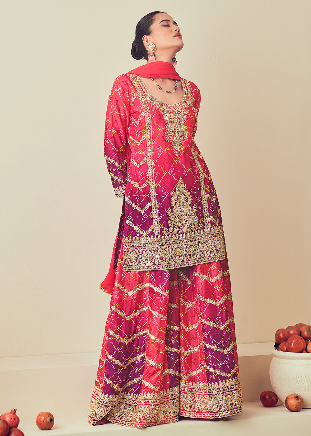 Buy Now Rani Pink Heavy Embroidered Designer Palazzo Dress Online in USA, UK, Canada, Germany, Italy, UAE & Worldwide at Empress Clothing.