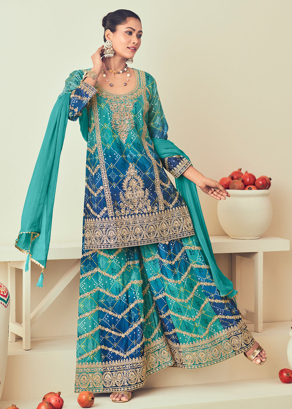 Buy Now Firozi Blue Heavy Embroidered Designer Palazzo Dress Online in USA, UK, Canada, Germany, Italy, UAE & Worldwide at Empress Clothing.