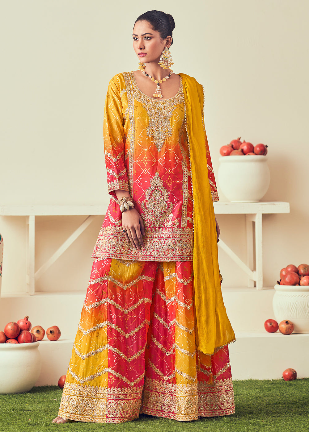 Buy Now Golden Yellow Heavy Embroidered Designer Palazzo Dress Online in USA, UK, Canada, Germany, Italy UAE & Worldwide at Empress Clothing. 