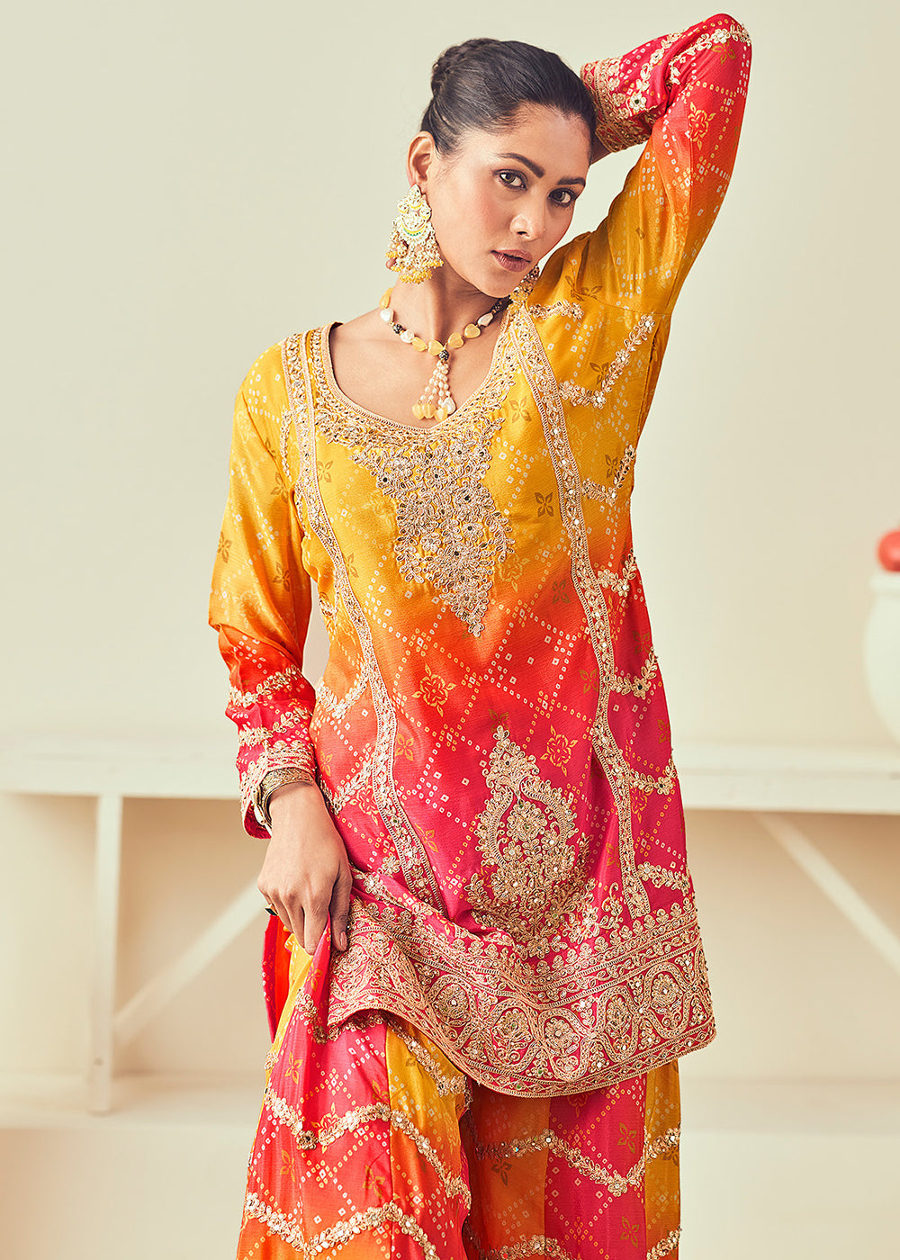 Buy Now Golden Yellow Heavy Embroidered Designer Palazzo Dress Online in USA, UK, Canada, Germany, Italy UAE & Worldwide at Empress Clothing. 