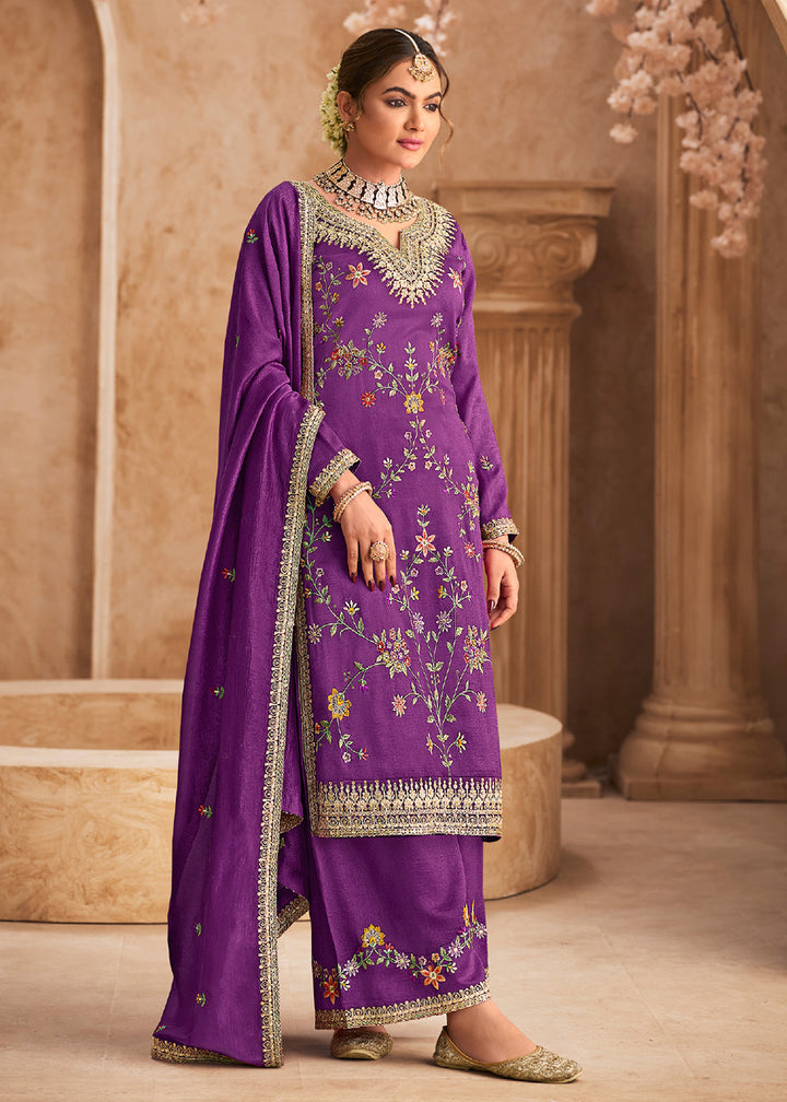 Buy Now Purple Wedding Festive Embroidered Palazzo Suit Online in USA, UK, Canada, Germany, Italy UAE & Worldwide at Empress Clothing. 