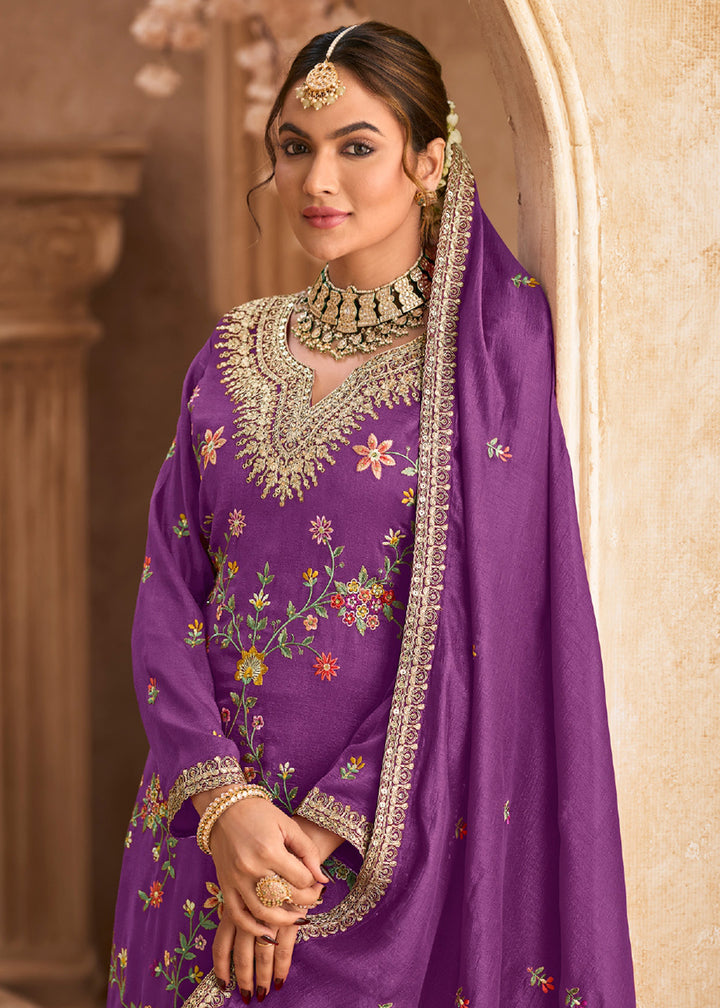 Buy Now Purple Wedding Festive Embroidered Palazzo Suit Online in USA, UK, Canada, Germany, Italy UAE & Worldwide at Empress Clothing. 