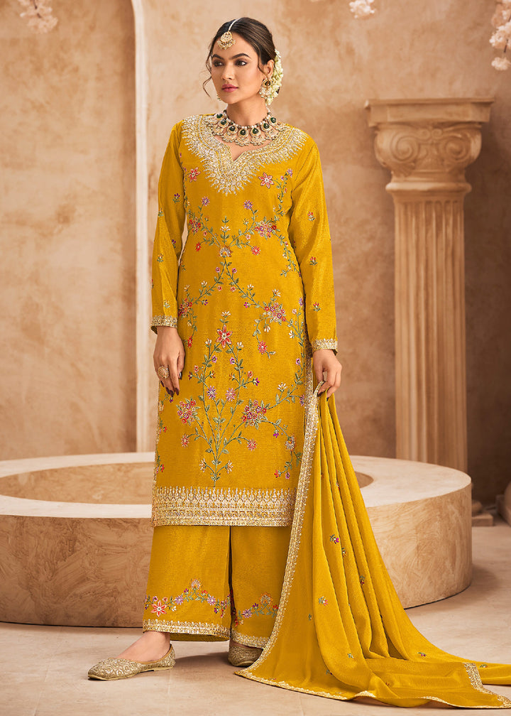 Buy Now Yellow Wedding Festive Embroidered Palazzo Suit Online in USA, UK, Canada, Germany, Italy UAE & Worldwide at Empress Clothing. 