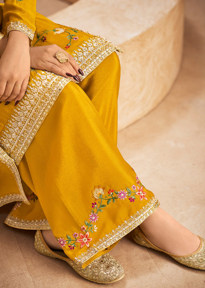 Buy Now Yellow Wedding Festive Embroidered Palazzo Suit Online in USA, UK, Canada, Germany, Italy UAE & Worldwide at Empress Clothing. 
