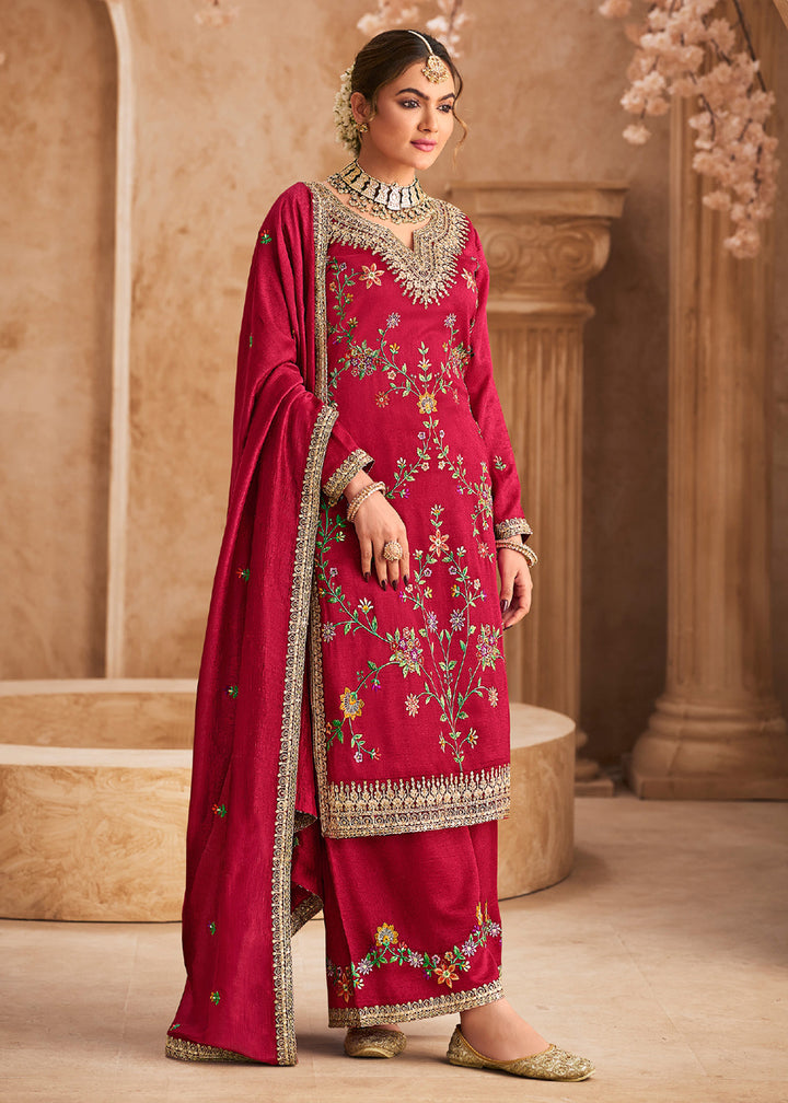 Buy Now Pink Wedding Festive Embroidered Palazzo Suit Online in USA, UK, Canada, Germany, Italy UAE & Worldwide at Empress Clothing.