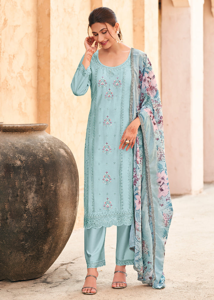 Buy Now Breeze Blue Cotton Embroidered Festive Salwar Suit Online in USA, UK, Canada, Germany, Italy, France, Austria, UAE & Worldwide at Empress Clothing.