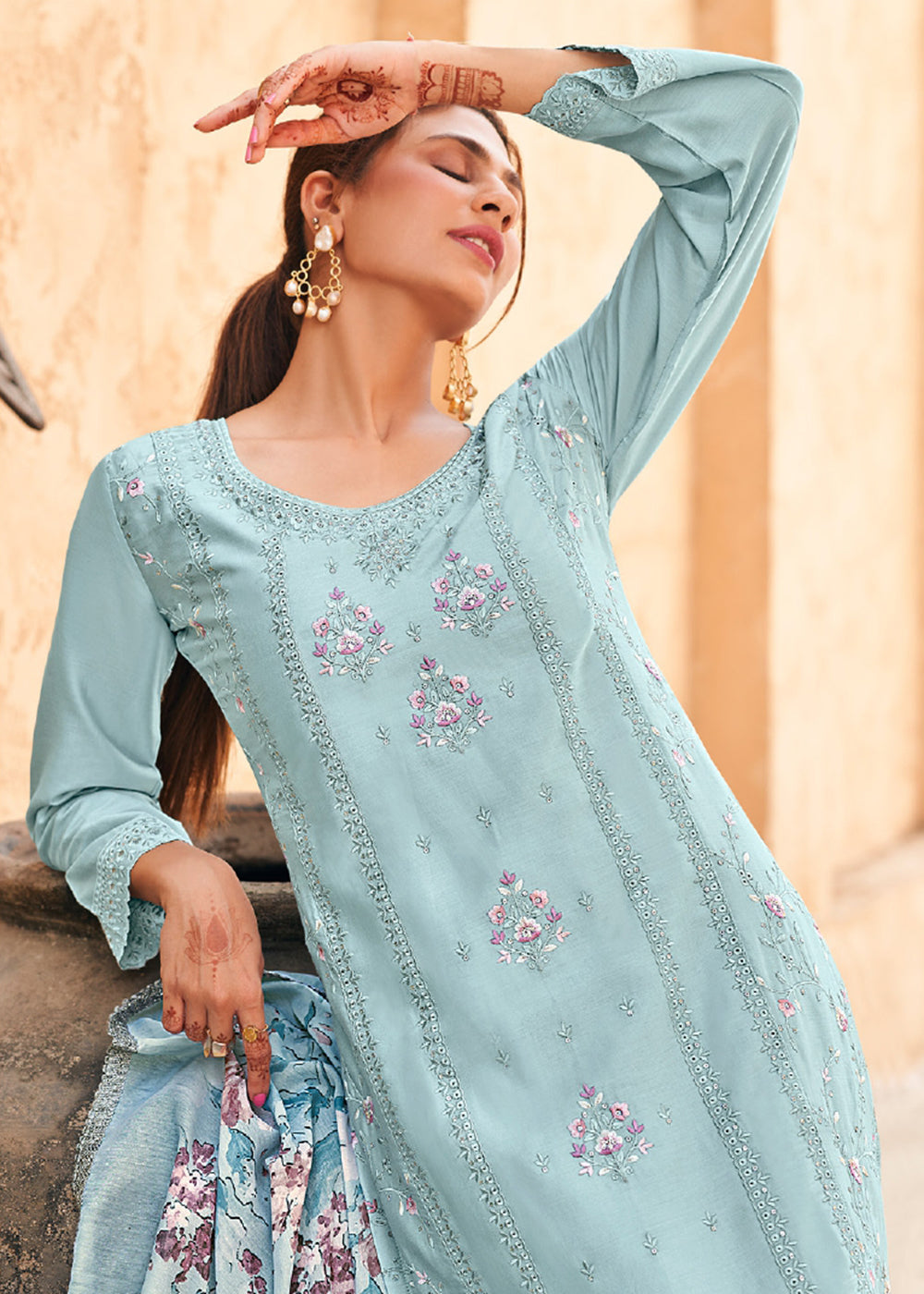Buy Now Breeze Blue Cotton Embroidered Festive Salwar Suit Online in USA, UK, Canada, Germany, Italy, France, Austria, UAE & Worldwide at Empress Clothing.