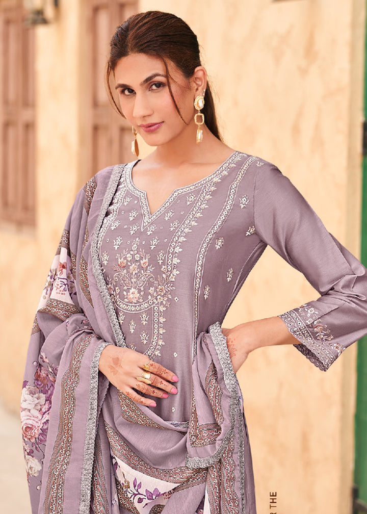 Buy Now Dusty Lavender Cotton Embroidered Festive Salwar Suit Online in USA, UK, Canada, Germany, Italy, France, Austria, UAE & Worldwide at Empress Clothing.