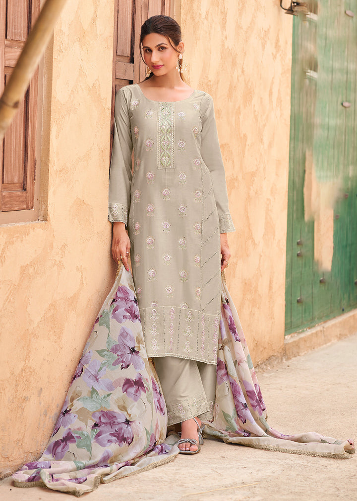 Buy Now Ash Beige Cotton Embroidered Festive Salwar Suit Online in USA, UK, Canada, Germany, Italy, France, Austria, UAE & Worldwide at Empress Clothing.