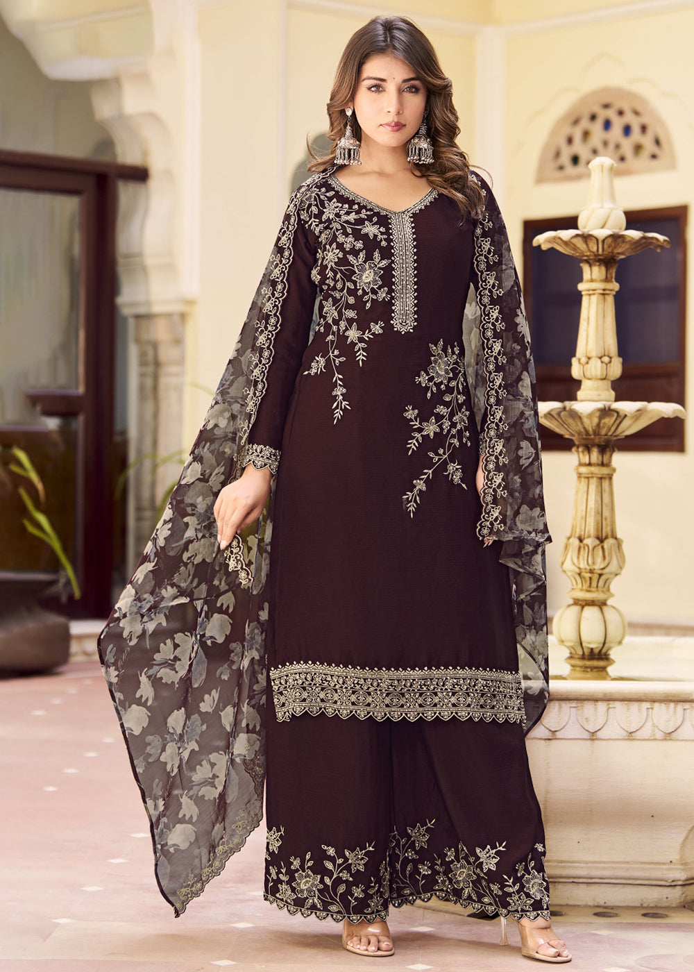 Buy Now Brown Floral Threads & Sequins Festive Palazzo Suit Online in New York, Los Angeles, San Jose, Chicago, Houston, Fremont, Dubai & Worldwide at Empress.