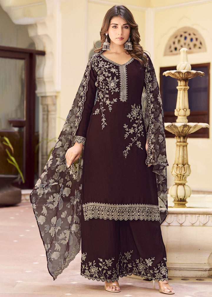 Buy Now Brown Floral Threads & Sequins Festive Palazzo Suit Online in New York, Los Angeles, San Jose, Chicago, Houston, Fremont, Dubai & Worldwide at Empress.
